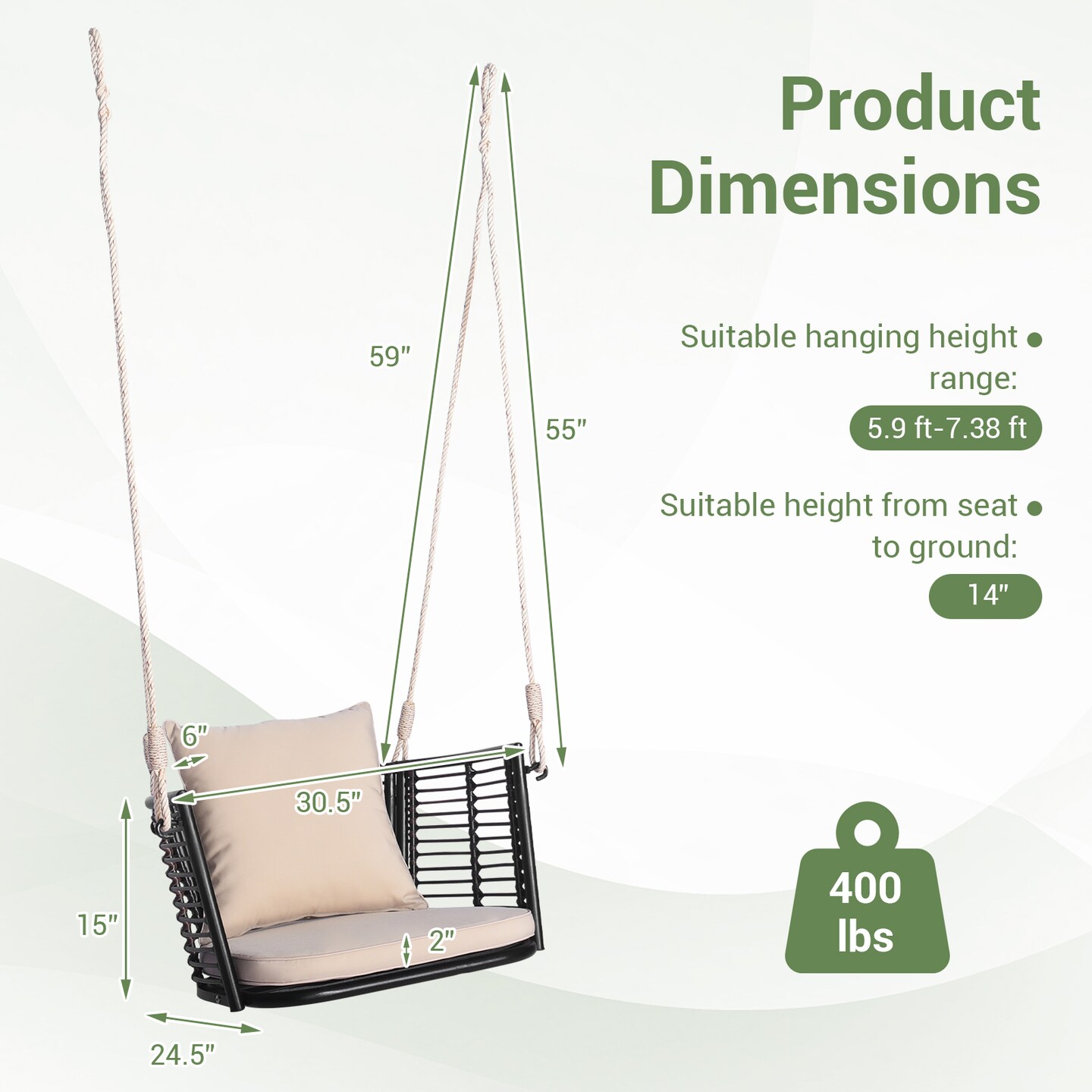 Single Person Hanging Seat With Woven Rattan Backrest For Backyard