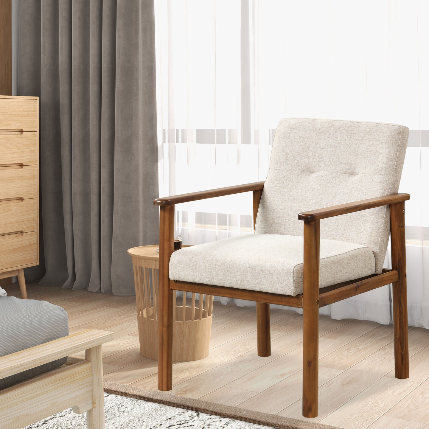 Modern Accent Linen Fabric Armchair With Solid Wood Legs And Soft Cushioned Seat