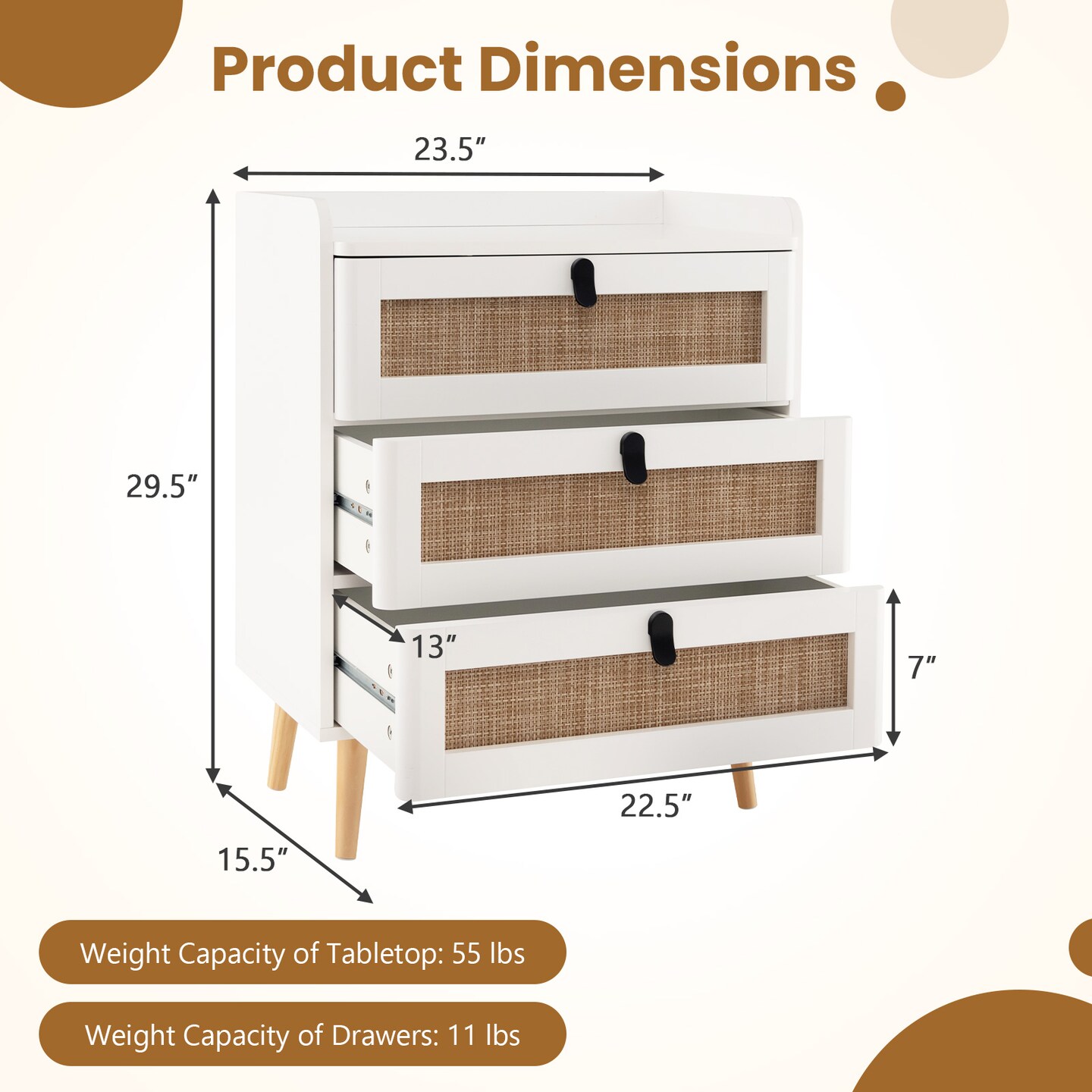 Modern End Table With 3 Rattan Decorated Drawers-White