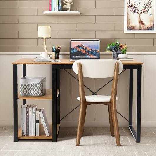 Computer Desk with Wicker Top &#x26; 2 Storage Shelves-Natural Desk