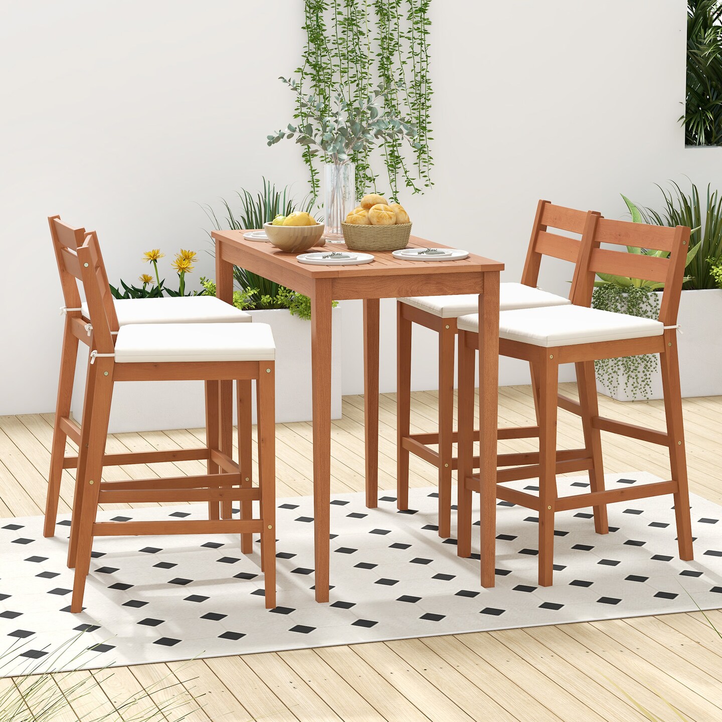 Off White Cushion Bar Stool Eucalyptus Wood Natural Frame Ergonomic Design