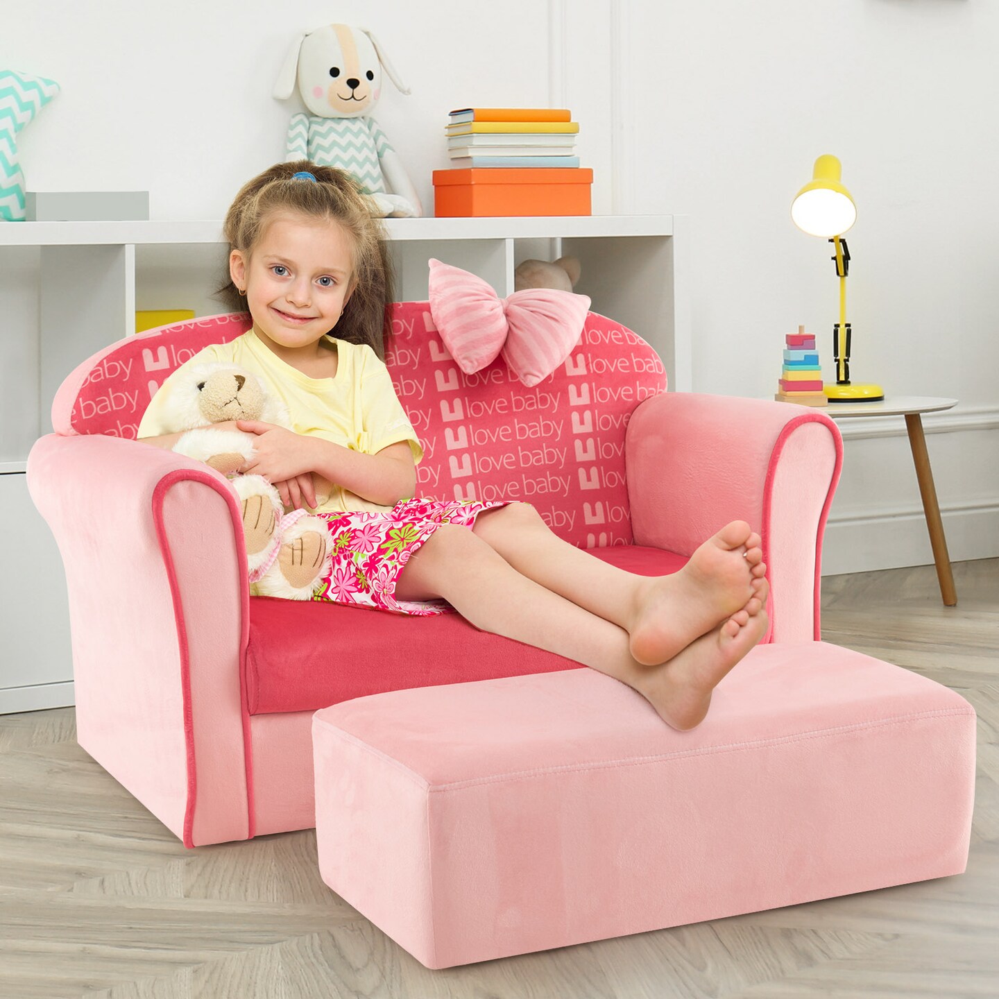 Ultra Soft Velvet Kids Sofa Chair Toddler Couch With Ottoman-Pink