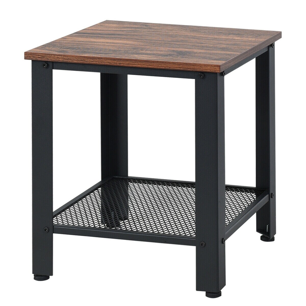 Industrial Side Table Wood and Iron End Table with Mesh Shelf Bedside Table Black