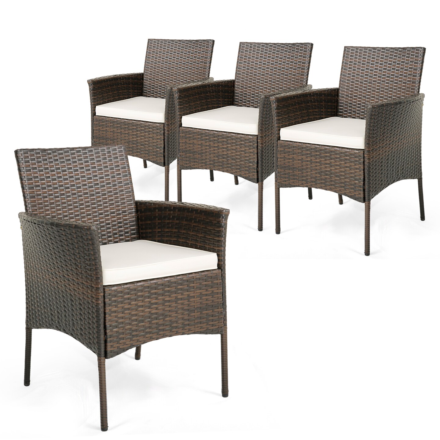 Set Of 4 Patio PE Wicker Dining Chairs with Seat Cushions and Armrests