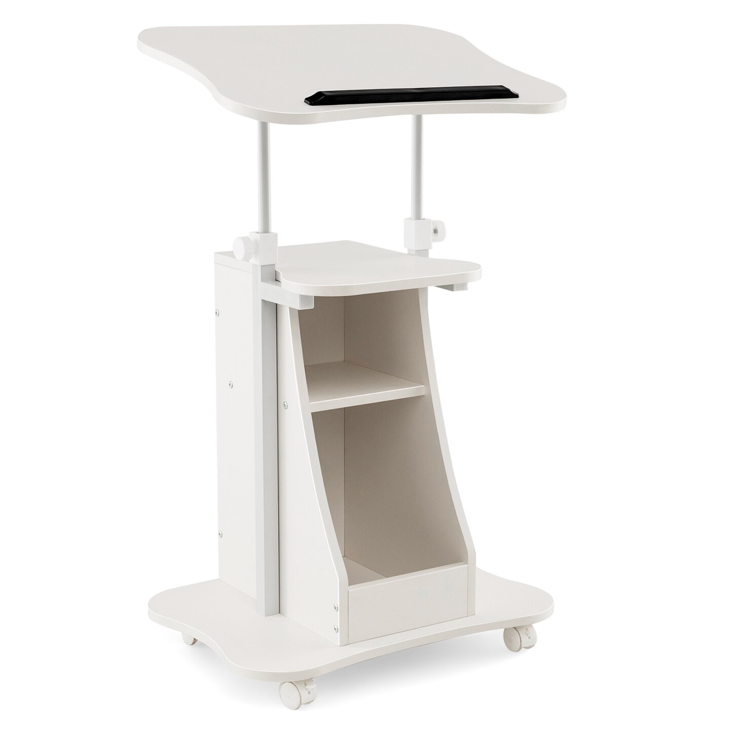 Mobile Podium Stand Height Adjustable Laptop Cart with Tilting Tabletop and Storage Compartments