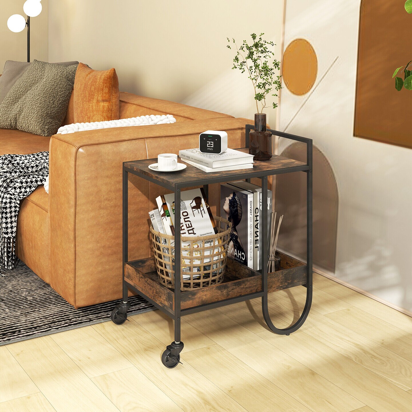 Rolling Buffet Serving Cart With Removable Metal Wire Wine Rack-brown