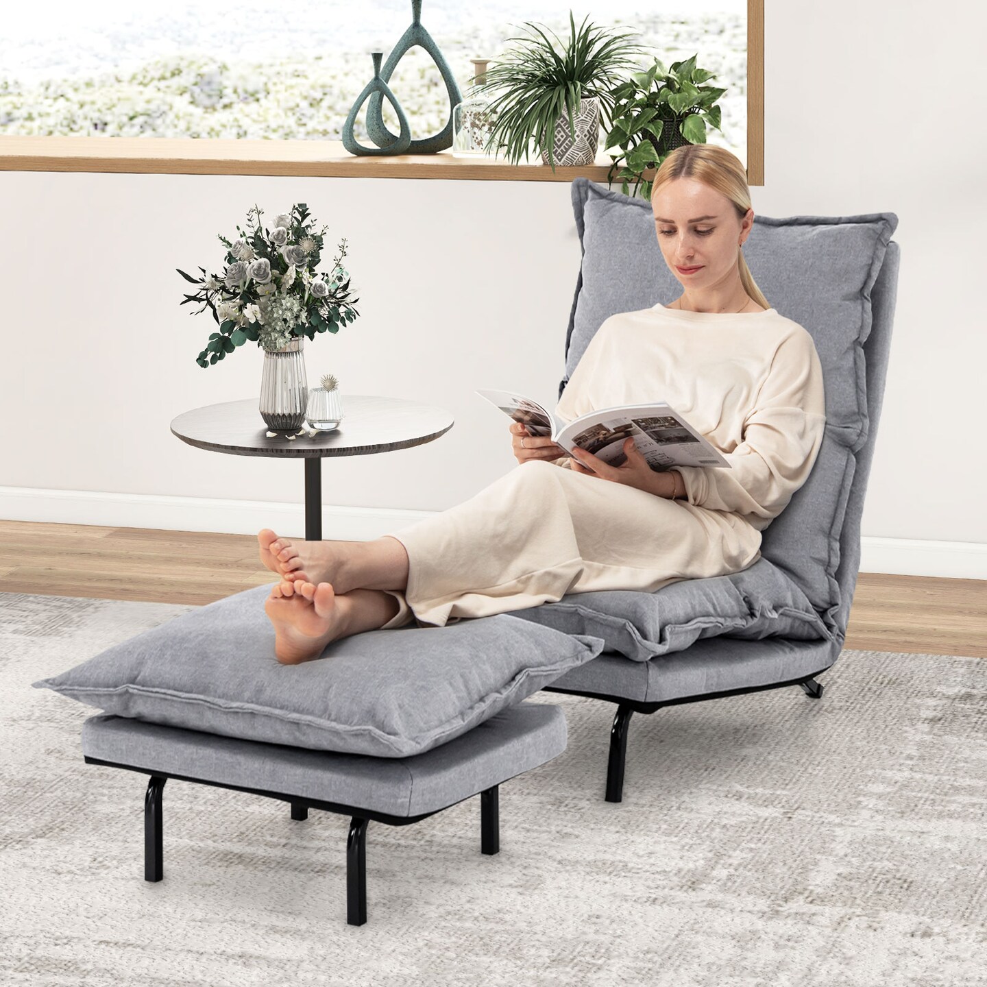Modern Armless Accent Chair With Ottoman For Living Room-Grey