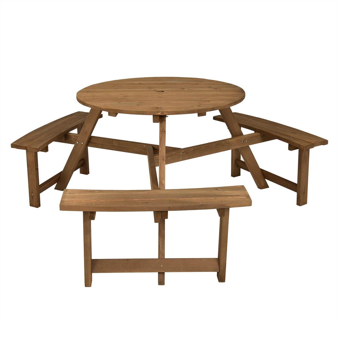 6-person Round Wooden Picnic Table With Umbrella Hole And 3 Built-in Benches-Dark Brown