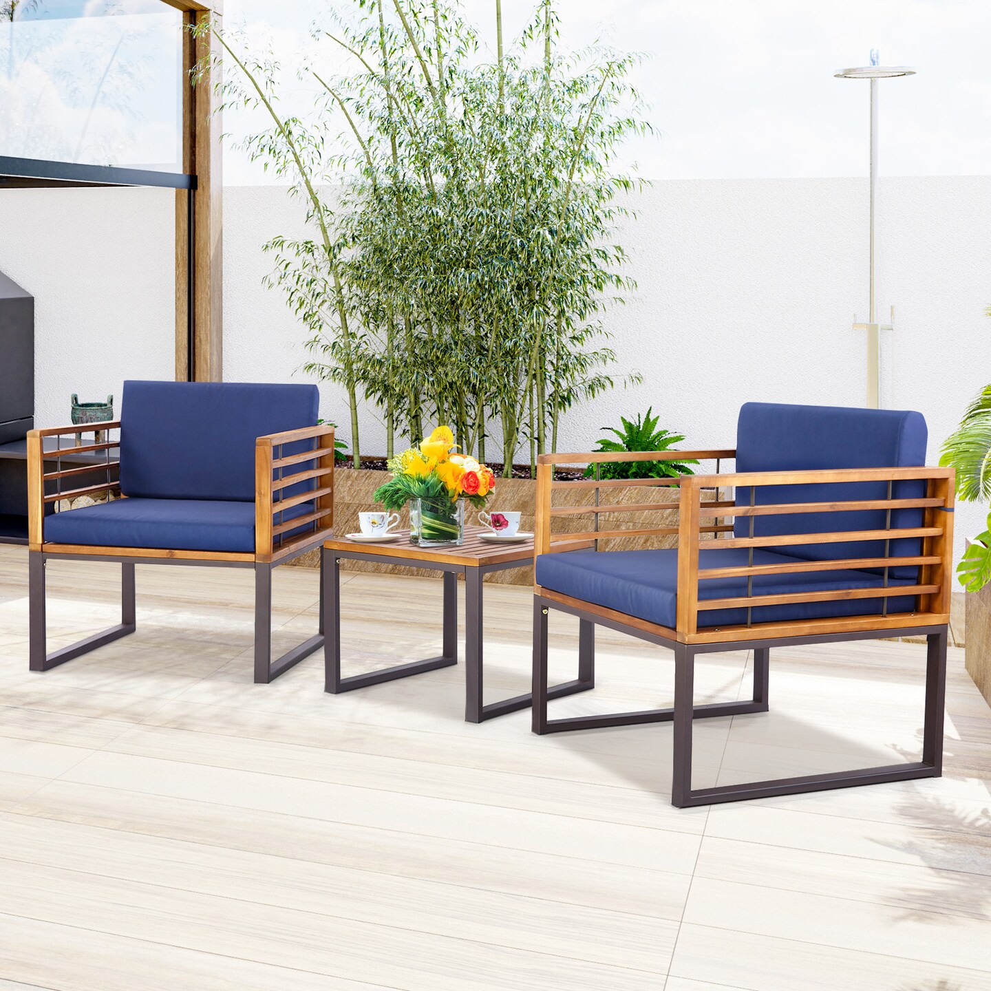 3 Pieces Patio Acacia Wood Conversation Set With Cushioned Armchairs -  Navy