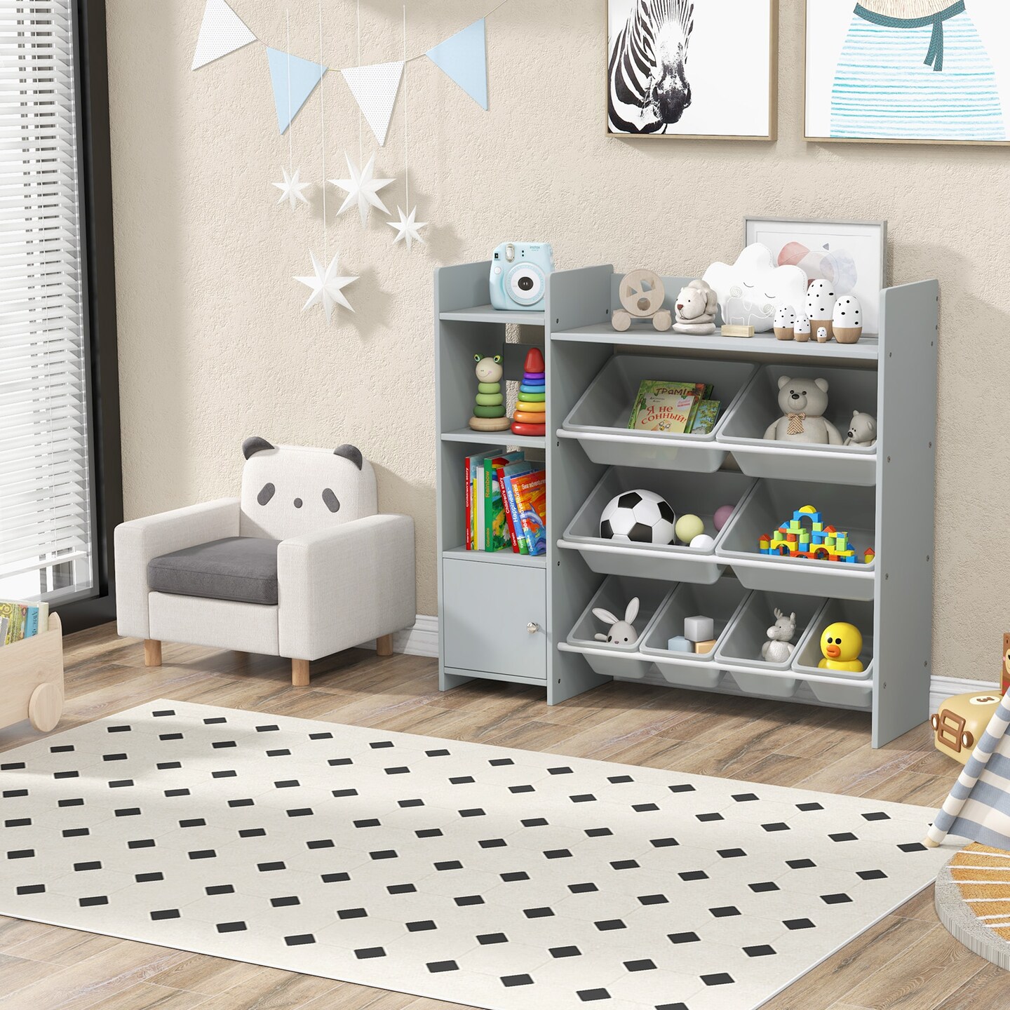 4-Tier Kids Bookshelf and Toy Storage Rack with 8 Toy Organizer Bins-Grey - 44.5&#x22; x 12&#x22; x 39.5&#x22;