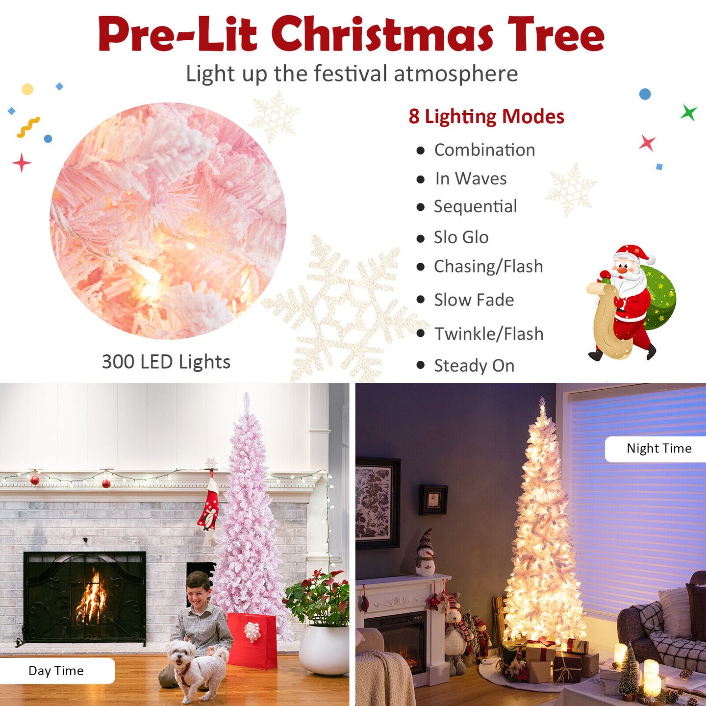 7 Feet Pre-lit Snow Flocked Hinged Pencil Christmas Tree With 300 Lights and 8 Modes