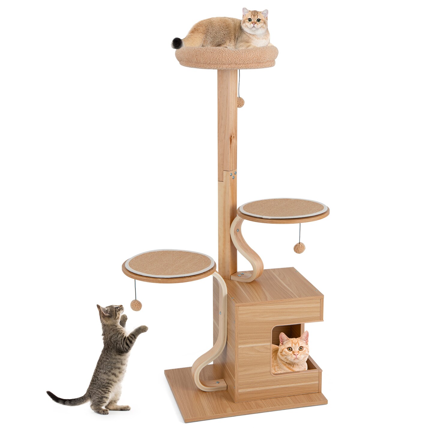 4-Layer Tall Wooden Cat Tree Tower with Condo and Washable Cushions