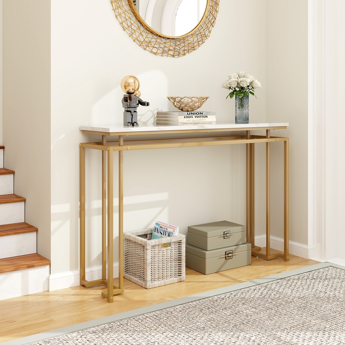 White Gold MDF Metal Marble Console Table 47 Inch with Anti-Tipping Design for Entryway and Living Room