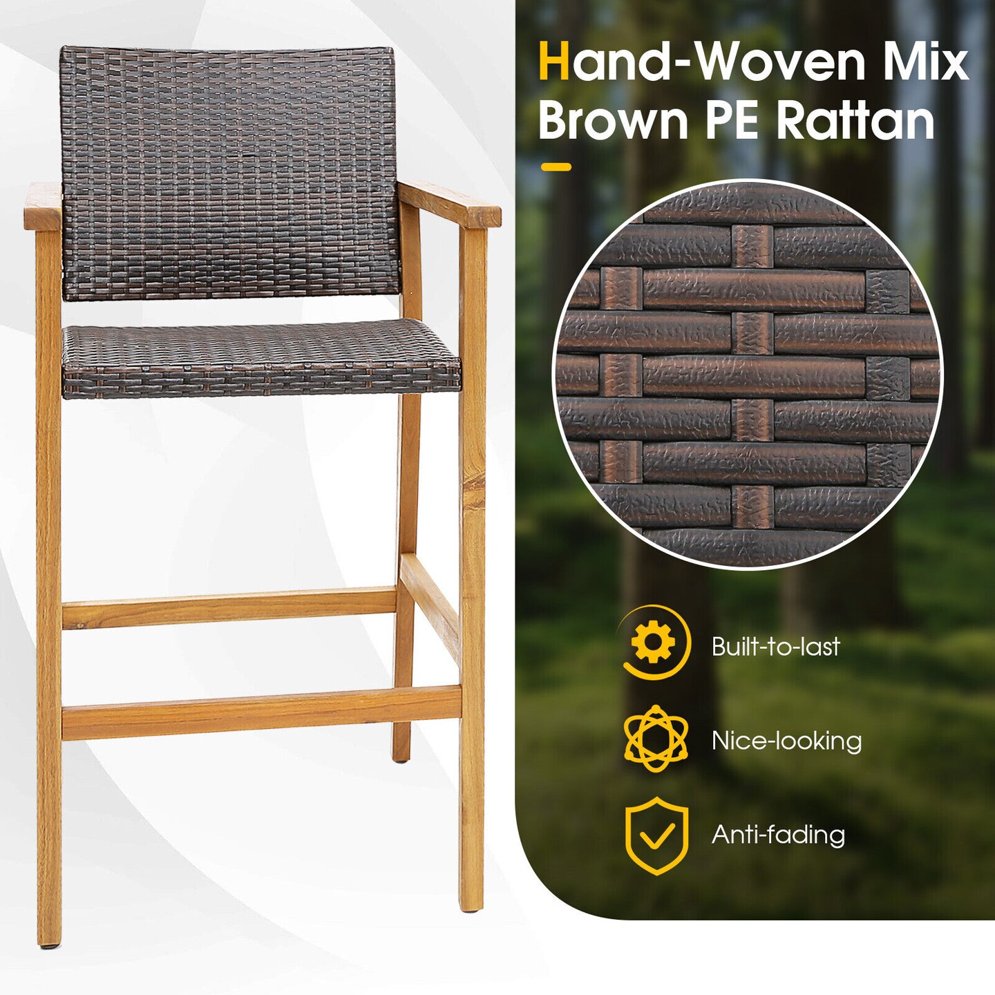 Set Of 2 Pe Wicker Patio Bar Chairs With Acacia Wood Armrests
