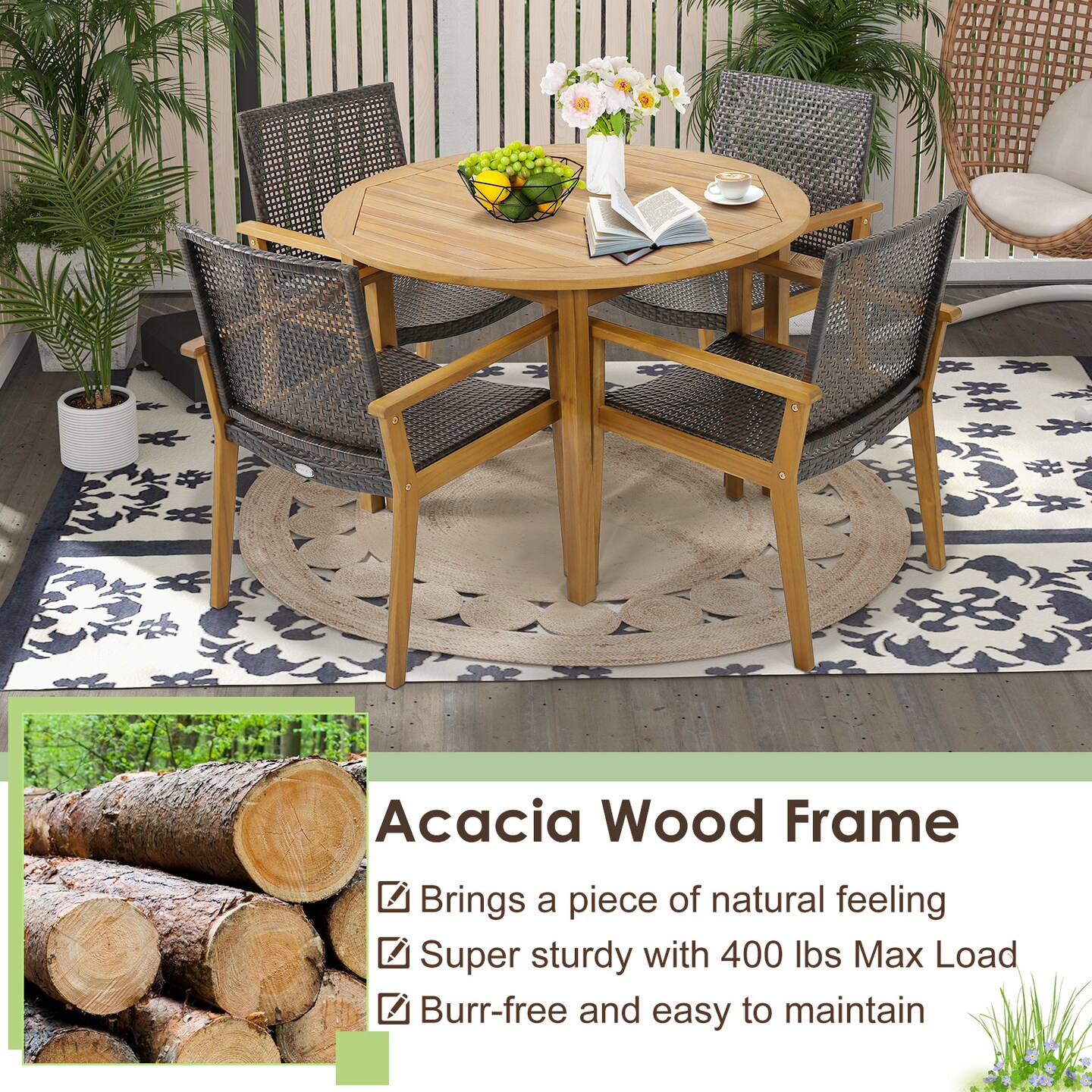 Outdoor Rattan Chair With Sturdy Acacia Wood Frame - Set Of 4