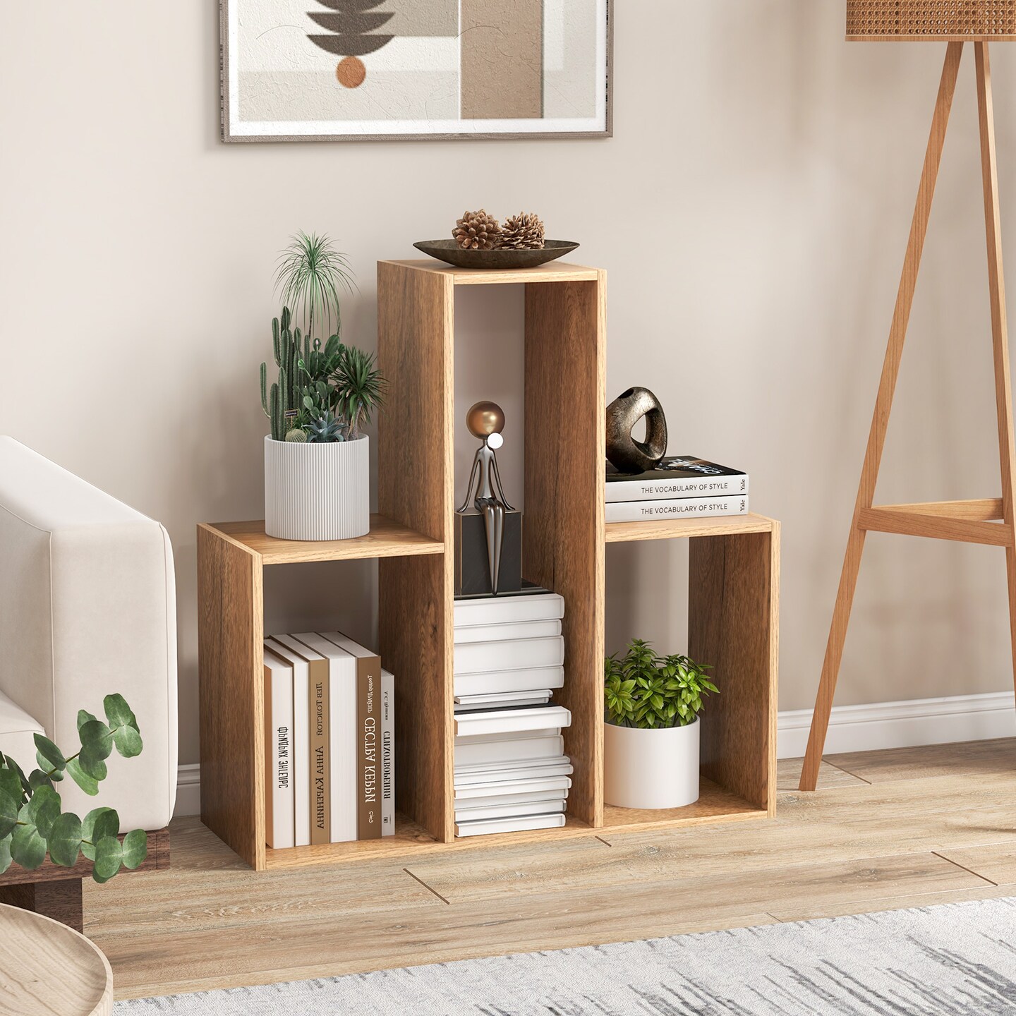 Natural Wood Geometric Shelf 3 Open Cubes Anti-Toppling Storage Organizer