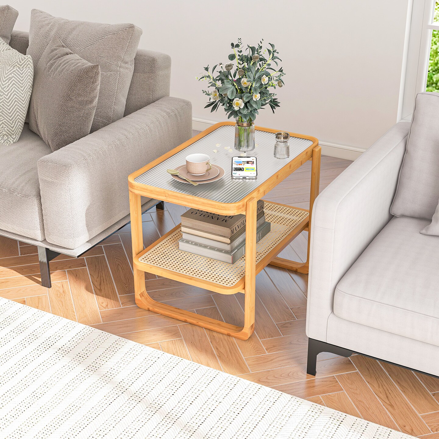 2-tier Wicker Side Table With Glass Top-Natural