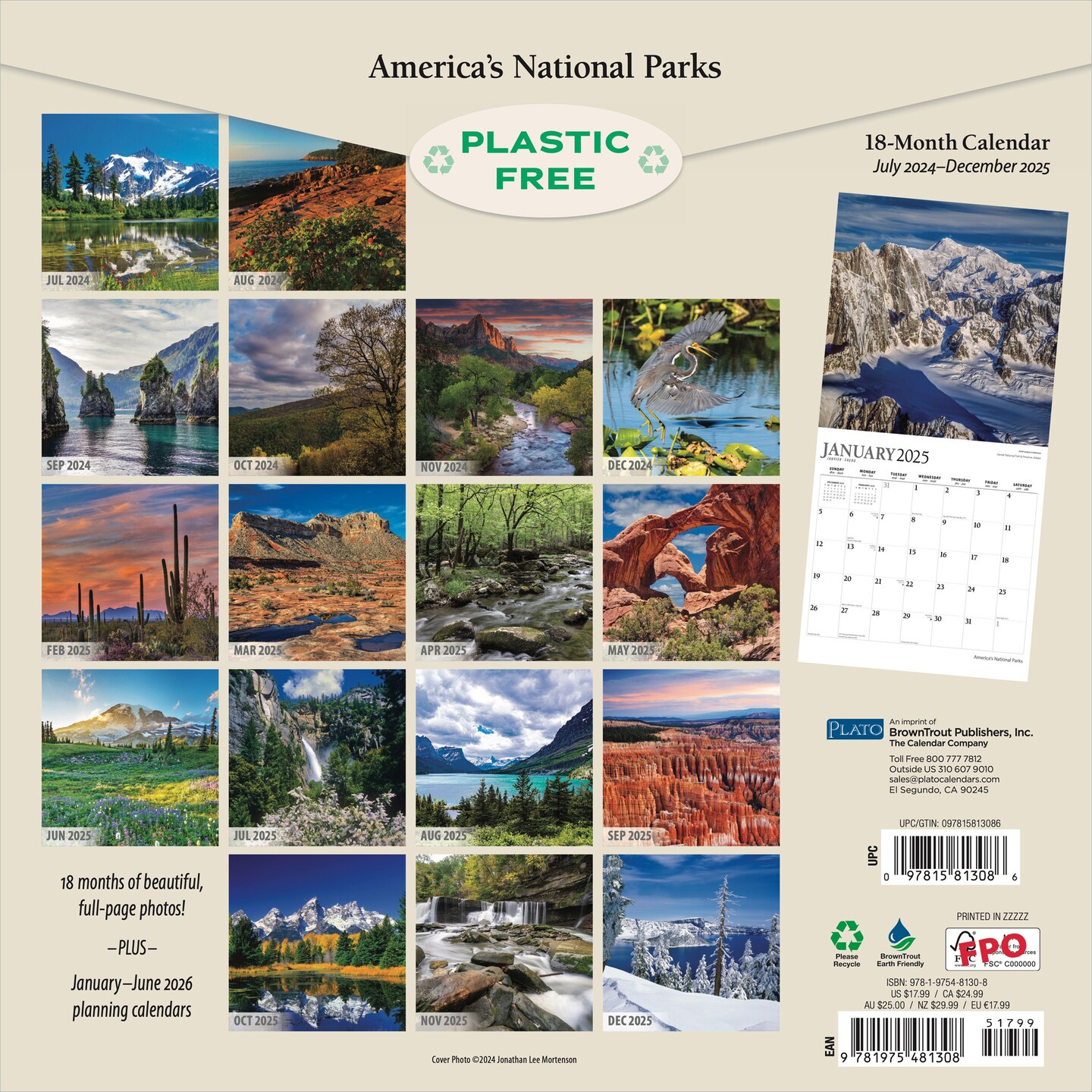 America&#x27;s National Parks | 2025 12 x 24 Inch 18 Months Monthly Square Wall Calendar | July 2024 - December 2025 | Plastic-Free | Plato | Yosemite Yellowstone