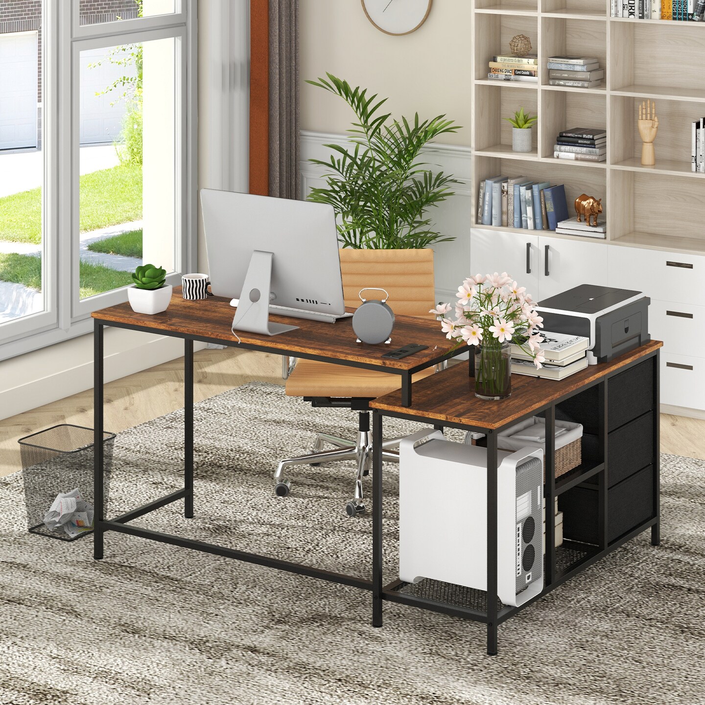 L-shaped Computer Desk With Power Outlet For Working Studying Gaming
