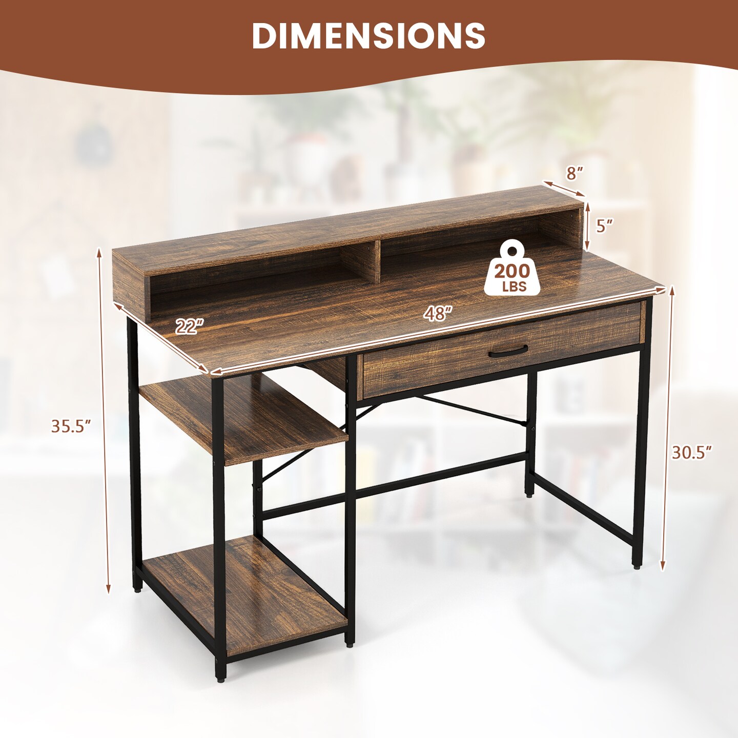 48 Inch Computer Desk With Monitor Stand Drawer And Shelves-Rustic Brown