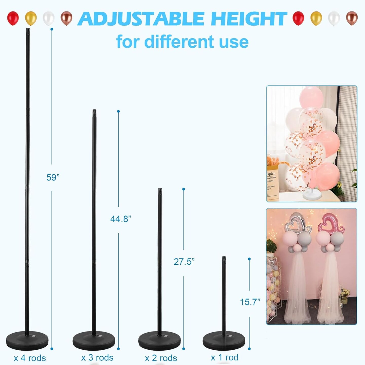 Balloon Column Stand Kit Set of 2, 1.3ft-5ft Adjustable Metal Pillar Balloon Stand with Base for Floor and Table Centerpieces for Birthday Party Wedding Christmas Halloween Decorations Black