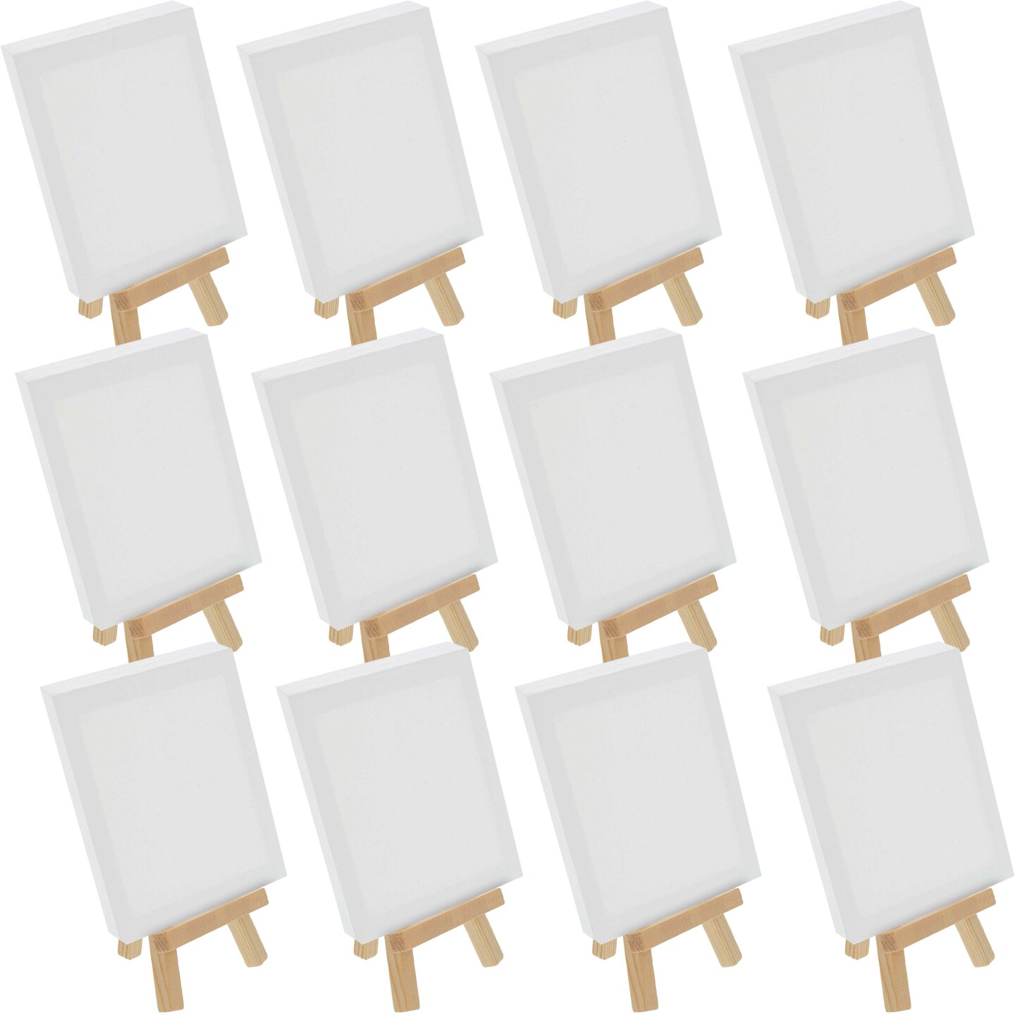 4&#x22; x 6&#x22; Stretched Canvas with 8&#x22; Mini Natural Wood Display Easel Kit (Pack of 12), Artist Tripod Tabletop Holder Stand - Painting Party, Oil Acrylic