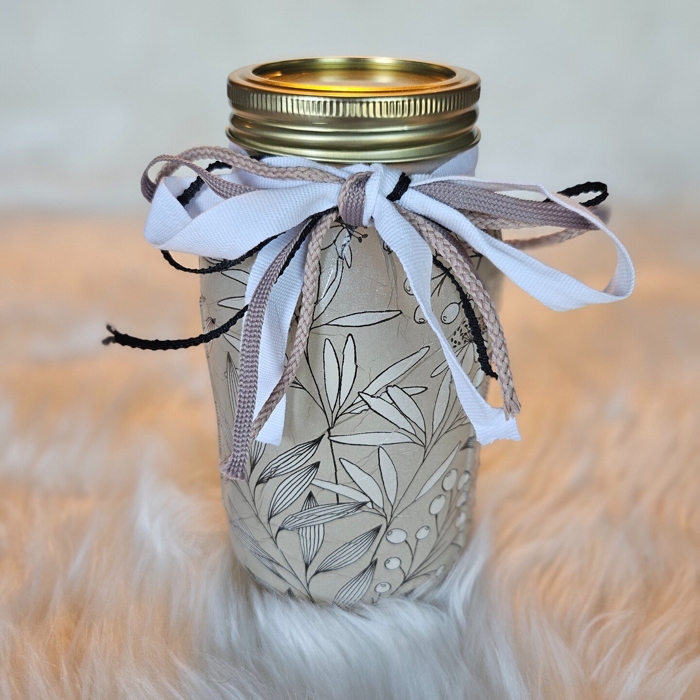 Grey Floral Mason Jar Decoupage Home Decor New Home Gift Idea White And ...