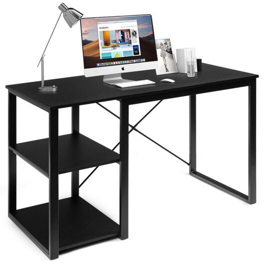 Computer Desk with Wicker Top &#x26; 2 Storage Shelves-Black Desk