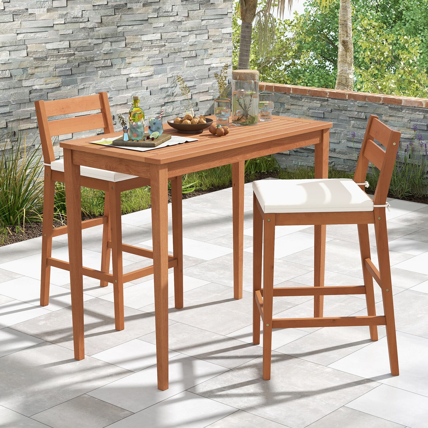 Off White Cushion Bar Stool Eucalyptus Wood Natural Frame Ergonomic Design
