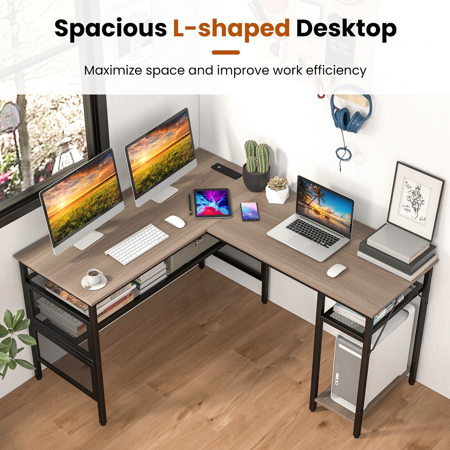 L-shaped Computer Desk With Charging Station And Adjustable Shelf-Grey