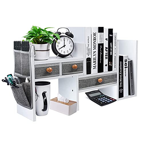 Wood Expandable Desktop Bookshelf Counter Bookcase Adjustable with Drawers Desktop Shelves Rack Storage Organizer for Office Supplies,Makeup,White.Petent Pending