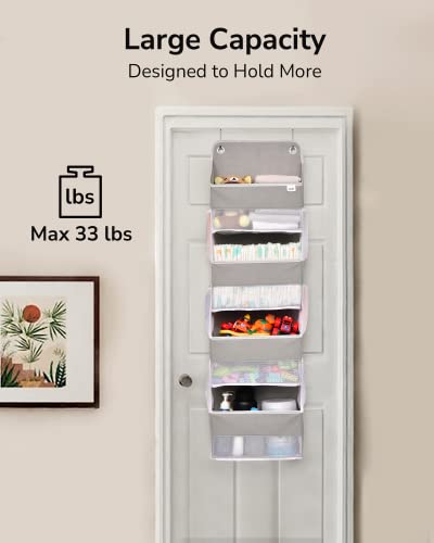 ULG Over Door Organizer with 4 Large Pockets 6 Mesh Side Pockets, 33 lbs Weight Capacity Hanging Storage Organizer with Clear Window for Baby Kids Toys, Diapers, Grey?1 Pack, 4 Layers