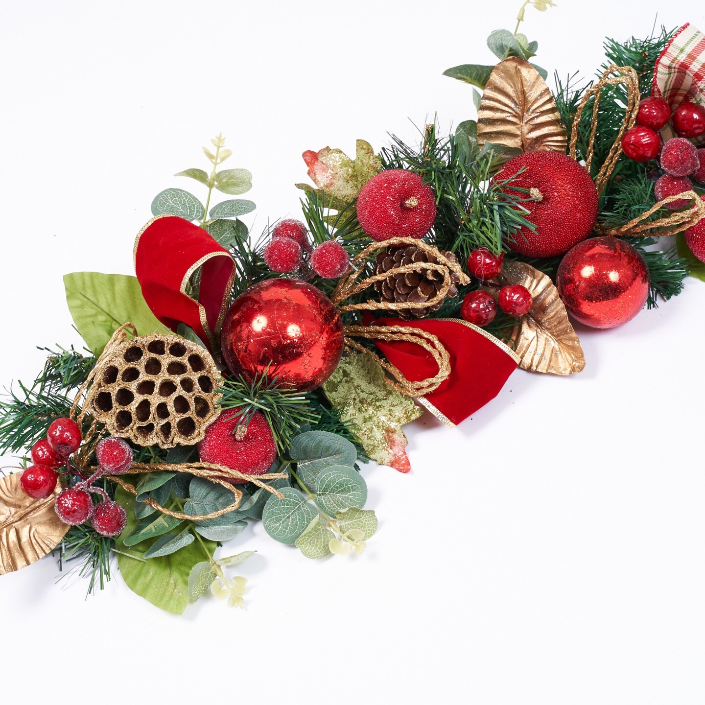 Red, Gold, Blue, Green Poinsettia, Magnolia Garland (Unlit)