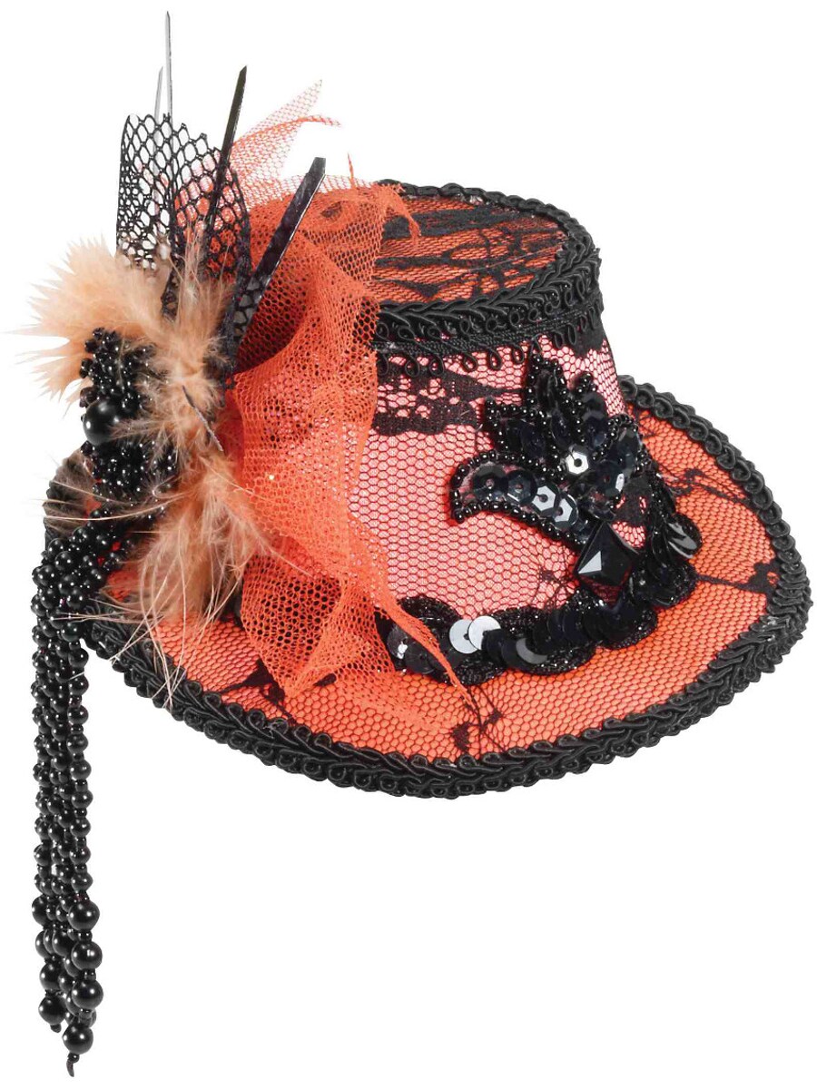 Women&#x27;s Gothic Orange Mini Top Hat With Black Lace Trim