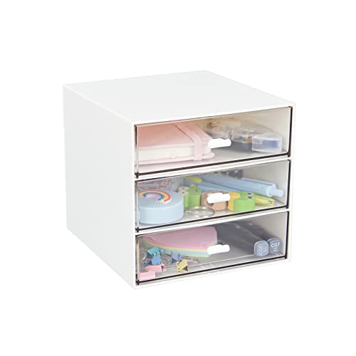 Desk Organizer with 3 Drawers, Clear Plastic Desk Storage Box, Desktop Organization for Office Supplies, Gel Pens, Pencils, Markers, Tape, Erasers, Paperclips, Chargers (White-3 Draws)