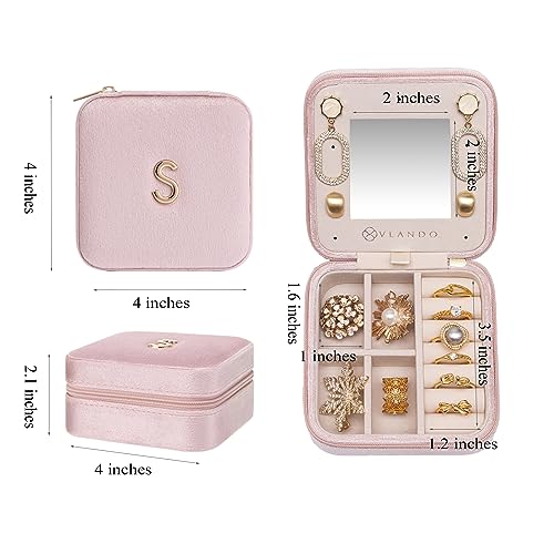 Vlando Small Travel Jewelry Box Organizer Display Case for Rings Earrings Necklaces Storage, Selected Soft Velvet, Letter J Engraved, Pink
