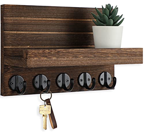 Key Holder for Wall, Decorative Key and Mail Holder with Shelf Has Large Key Hooks for Bags, Coats – Paulownia Wood Key Hanger with Mounting Hardware (9.8”W x 6.7”H x 4.2”D) (Brown)