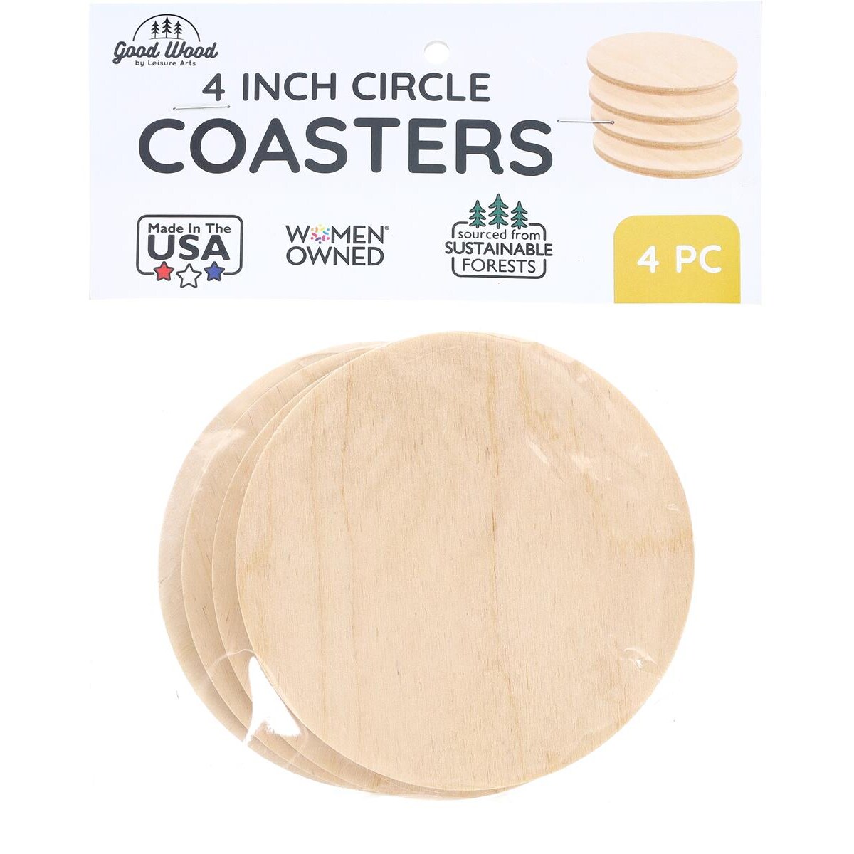 Good Wood by Leisure Arts Coaster Round 4&#x22; - 4 pieces round wooden craft circles - unfinished round wooden circle coaster - 4 inch wood circles blank for DIY coasters and crafts