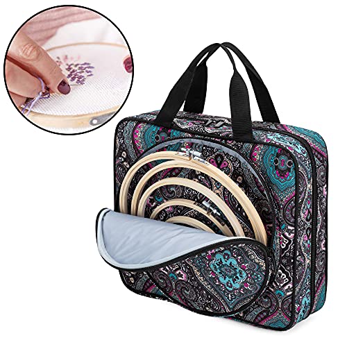 LoDrid Embroidery Project Bag, Square Embroidery Supplies Storage Tote Bag, Portable Craft Carry Case for Embroidery Kits and Cross Stitch Kits Tools, Multiple Pockets, Totem, Bag Only