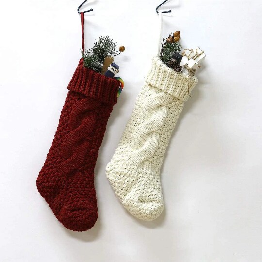 2Pcs 14&#x22; Christmas Stockings Burgundy &#x26; Ivory