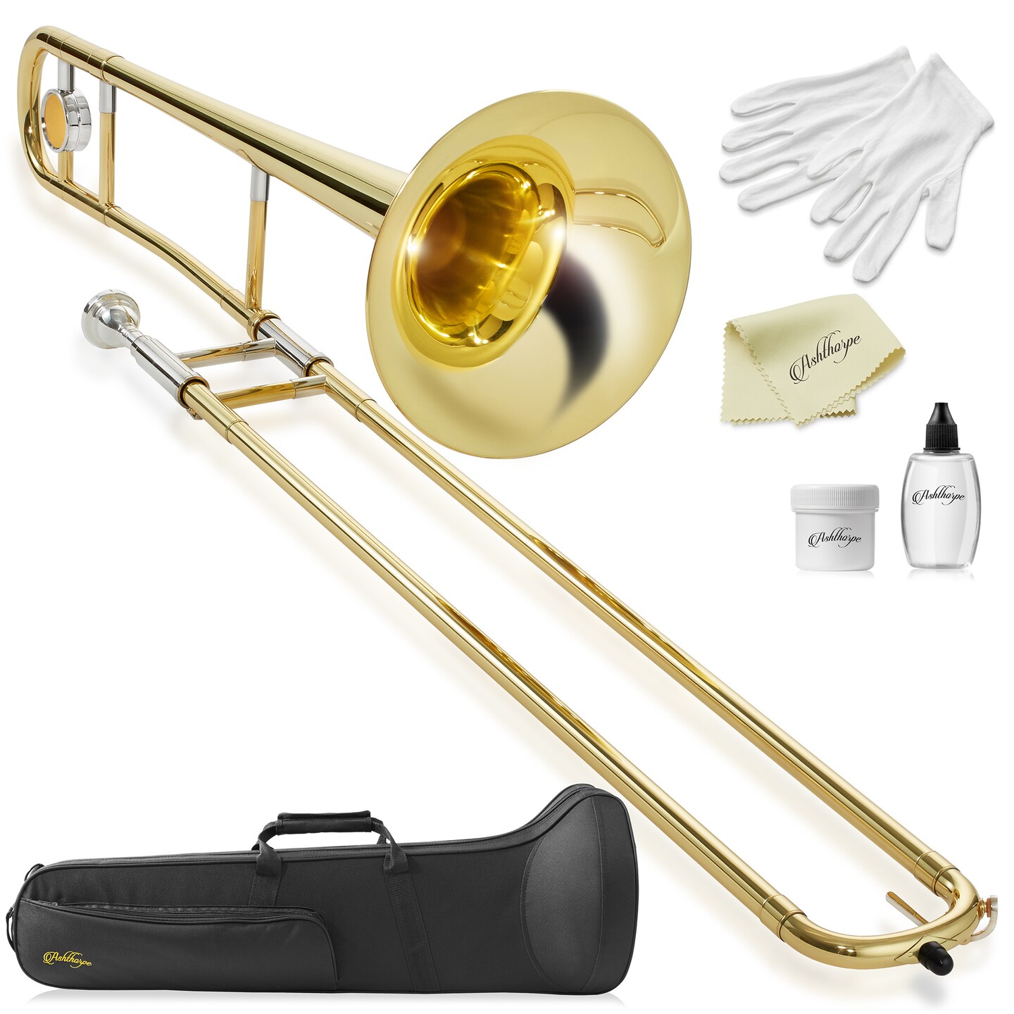 Ashthorpe Bb Tenor Slide Trombone - Includes Case, Mouthpiece, Gloves, Cleaning Cloth, Slide Grease