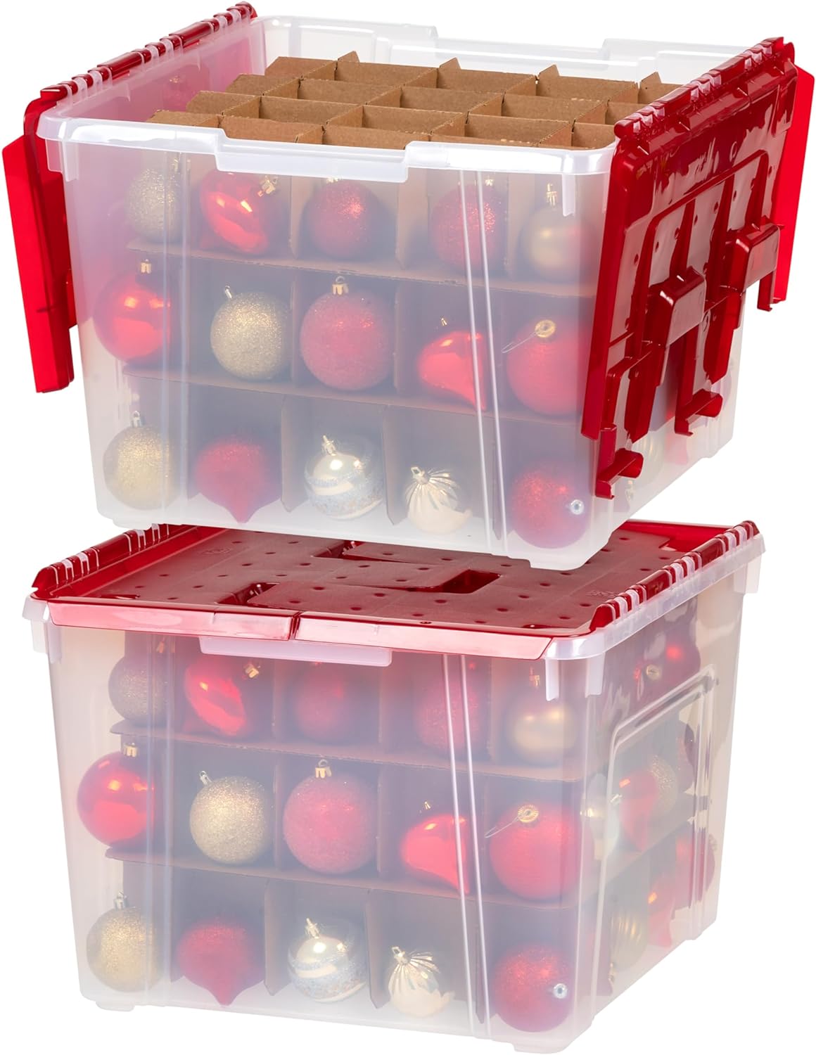 IRIS USA 2 Pack 60qt Plastic Clear Ornament Storage Box with Hinged Lid and Dividers, Clear/Red