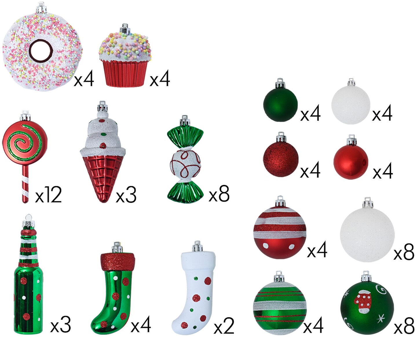 R N' D Toys Candycane Ornament Set – Christmas Candy Cane Shatterproof Balls and Candy Hanging Ornaments for Indoor or Outdoor Christmas Tree, Holiday Party, Home Décor - 82 Piece Set (Red, Green & White)
