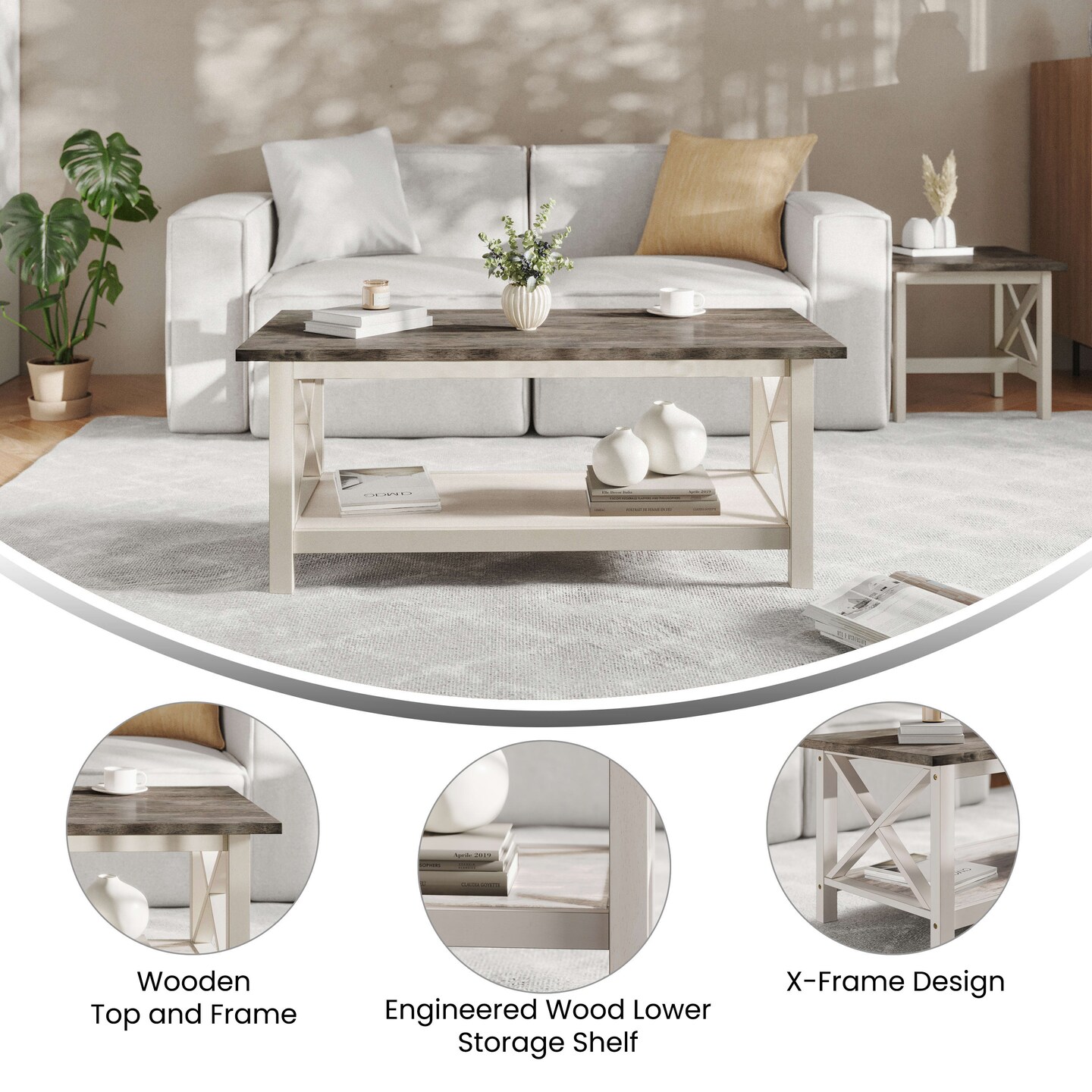 Merrick Lane Matty Rustic Coffee Table with Lower Shelf, Farmhouse Style Solid Wood Accent Table