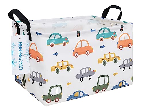 LANGYASHAN Rectangular Storage Bin Collapse Canvas Fabric Cartoon Storage Basket with Handles for Organizing Home Kitchen Boys and Girls Toys Office Closet Shelf Baskets(Rec Color Cars)