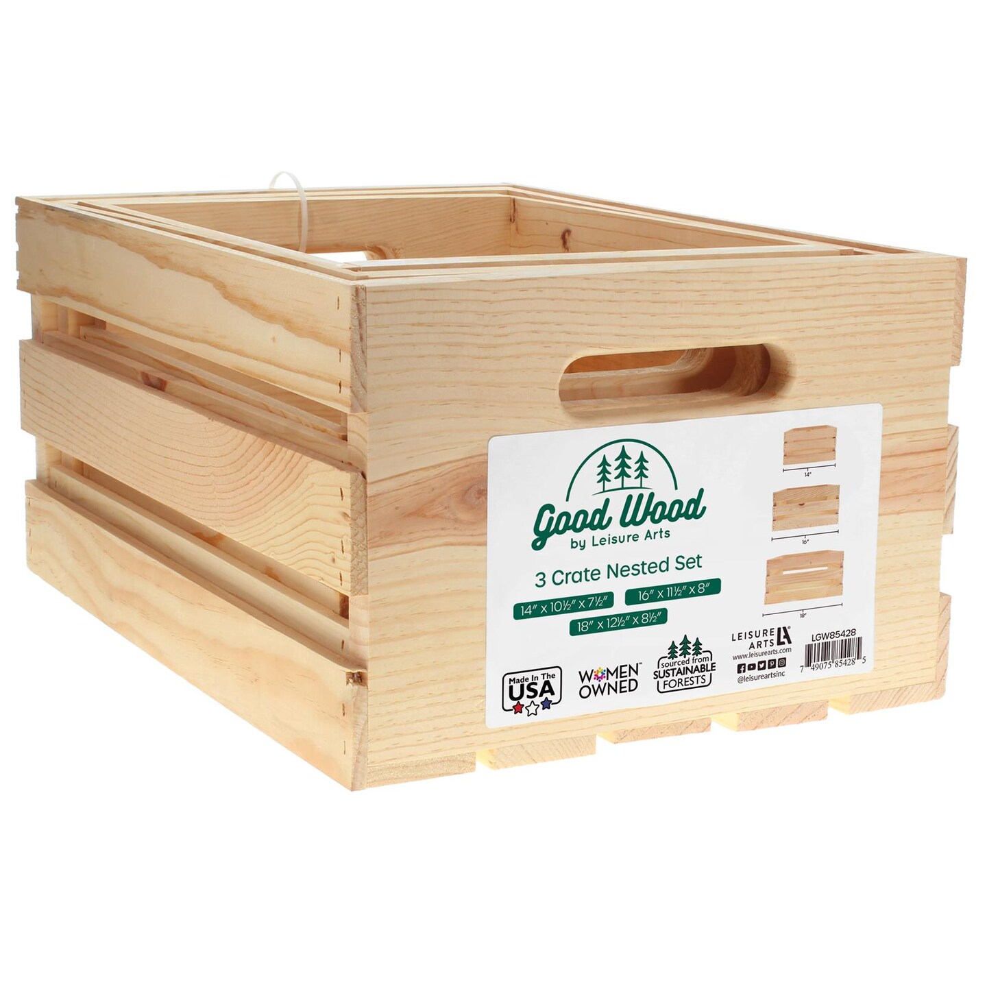 Good Wood by Leisure Arts Wooden Crate, wood crate unfinished,  wood crates for display, wood crates for storage, wooden crates unfinished, Nested, 3 piece, 14&#x22;/16&#x22;/18&#x22;