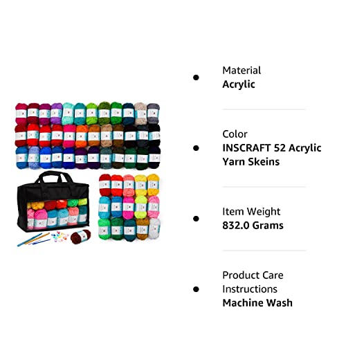 52 Acrylic Yarn Skeins, 1820 Yards 52 Colors, 2 Crochet Hooks, 2 Weaving Needles, 10 Stitch Markers, 1 Bag, for Crocheting & Knitting, Gift Beginners and Adults