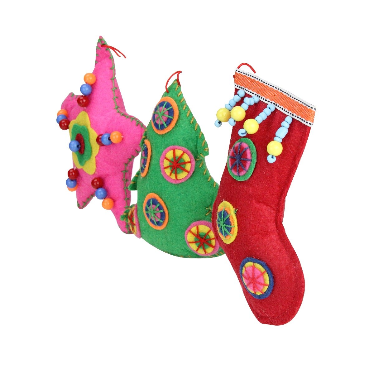 Raz Set of 3 Vibrantly Colored Bohemian Plush Star, Tree, and Stocking Christmas Ornaments 5&#x22;