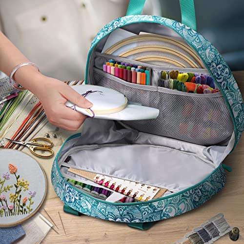 FINPAC Embroidery Project Bag, Embroidery Supplies Storage Carrying Tote Case with Multiple Pockets for Embroidery Floss, Embroidery Hoops, Thread, Stitch Tools Kit [Bag Only] - Emerald Illusions