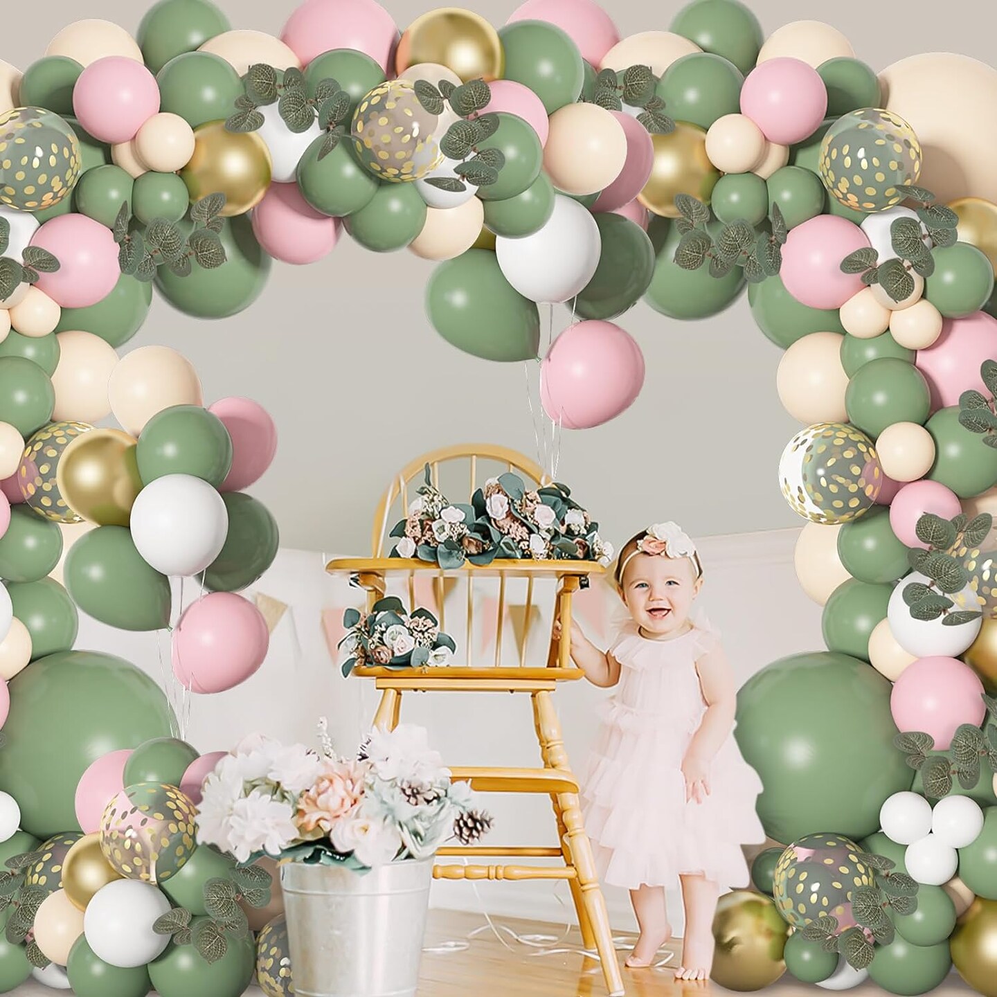 126Pcs Sage Green Balloon Garland Arch Kit, Olive Sage Green Balloons Birthday Baby Shower Decorations of Blush Pink White and Gold Confetti with Artificial Eucalyptus for Wedding Safari Party